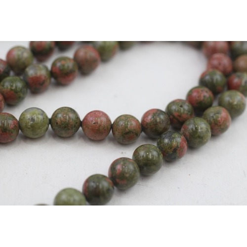 290 - 14ct gold clasped unakite bead necklace (73.5g)