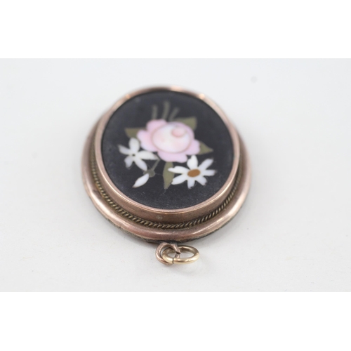 303 - 9ct gold mounted Victorian pietra dura locket pendant (8g)