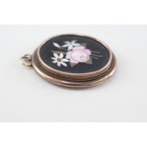 303 - 9ct gold mounted Victorian pietra dura locket pendant (8g)