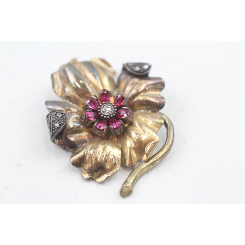 310 - 14ct gold diamond and ruby floral brooch (15.7g)