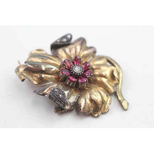 310 - 14ct gold diamond and ruby floral brooch (15.7g)