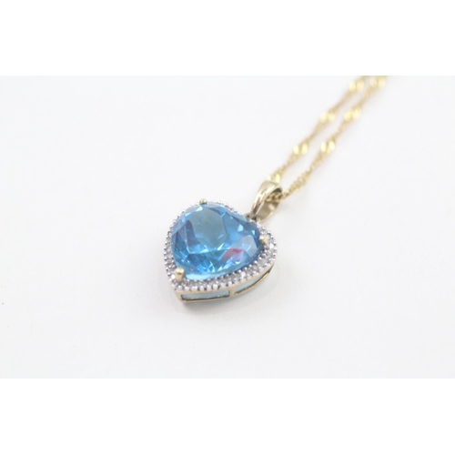 35 - 9ct gold heart cut blue zircon & diamond pendant necklace (4.6g)