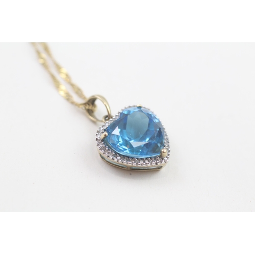 35 - 9ct gold heart cut blue zircon & diamond pendant necklace (4.6g)