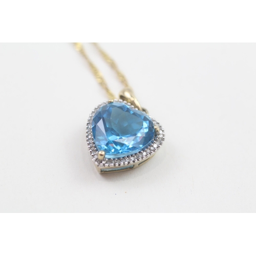 35 - 9ct gold heart cut blue zircon & diamond pendant necklace (4.6g)