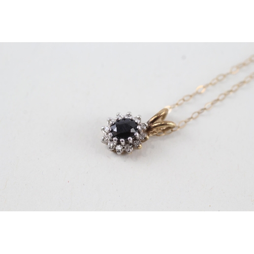 41 - 9ct gold sapphire & diamond cluster pendant necklace (1.4g)