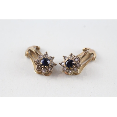 42 - 9ct gold sapphire & diamond cluster clip on earrings (2.5g)