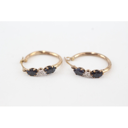 52 - 9ct gold oval cut sapphire & diamond hoop earrings (1.1g)