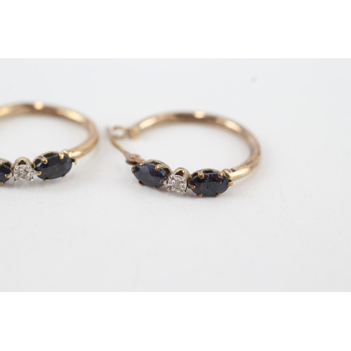 52 - 9ct gold oval cut sapphire & diamond hoop earrings (1.1g)