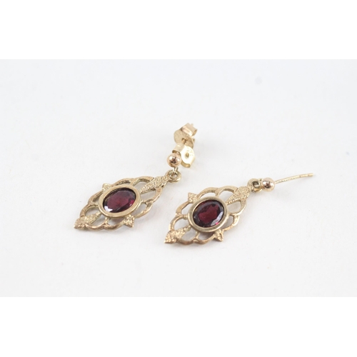 60 - 9ct gold garnet drop earrings with scroll backs (1.8g)