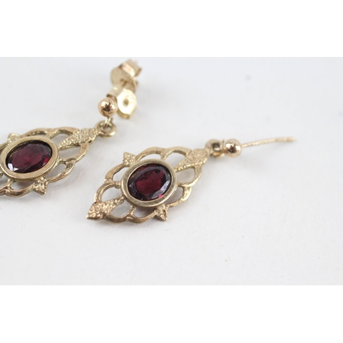 60 - 9ct gold garnet drop earrings with scroll backs (1.8g)