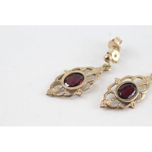 60 - 9ct gold garnet drop earrings with scroll backs (1.8g)