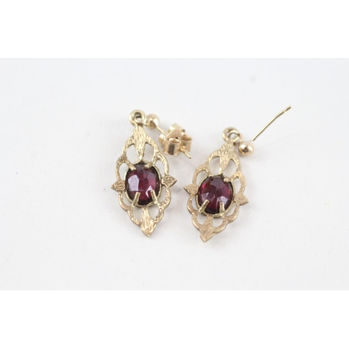 60 - 9ct gold garnet drop earrings with scroll backs (1.8g)