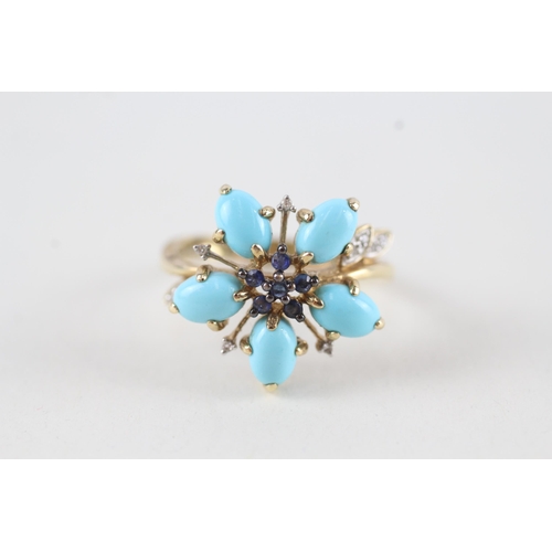 61 - 9ct gold diamond, restored turquoise & sapphire dress ring (3.8g) Size  O