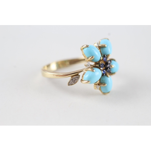 61 - 9ct gold diamond, restored turquoise & sapphire dress ring (3.8g) Size  O