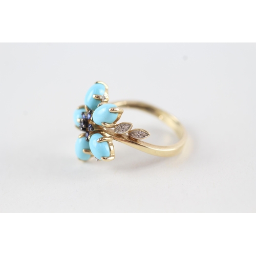 61 - 9ct gold diamond, restored turquoise & sapphire dress ring (3.8g) Size  O