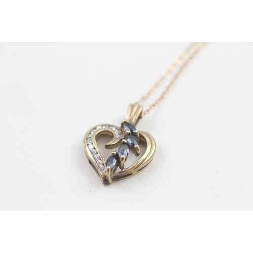 62 - 9ct gold marquise cut sapphire & diamond heart shaped pendant necklace (2.9g)