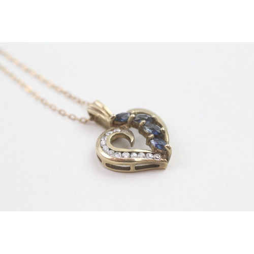 62 - 9ct gold marquise cut sapphire & diamond heart shaped pendant necklace (2.9g)