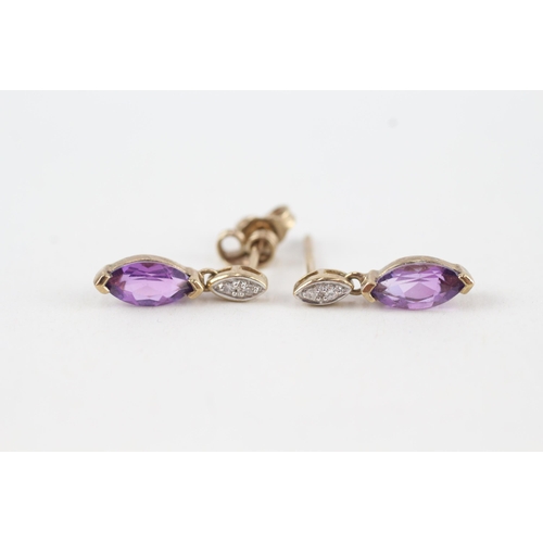 64 - 9ct gold marquise cut amethyst & diamond drop earrings with scroll backs (1.2g)