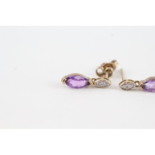 64 - 9ct gold marquise cut amethyst & diamond drop earrings with scroll backs (1.2g)