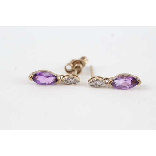 64 - 9ct gold marquise cut amethyst & diamond drop earrings with scroll backs (1.2g)