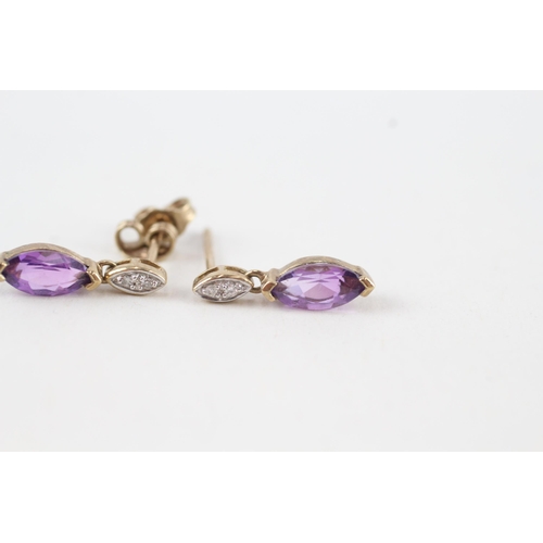 64 - 9ct gold marquise cut amethyst & diamond drop earrings with scroll backs (1.2g)