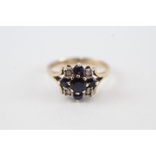 89 - 9ct gold 1970's sapphire & diamond cluster ring, claw set (3.7g) Size  M