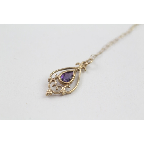 9 - 9ct gold vintage style pear cut amethyst pendant necklace (1g)