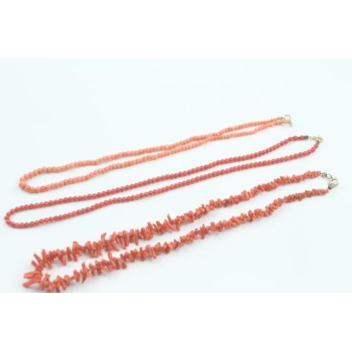 91 - 3 x 9ct gold clasp coral necklaces (29.2g)