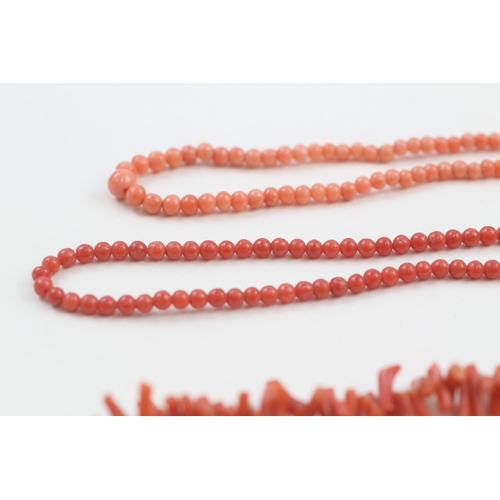 91 - 3 x 9ct gold clasp coral necklaces (29.2g)