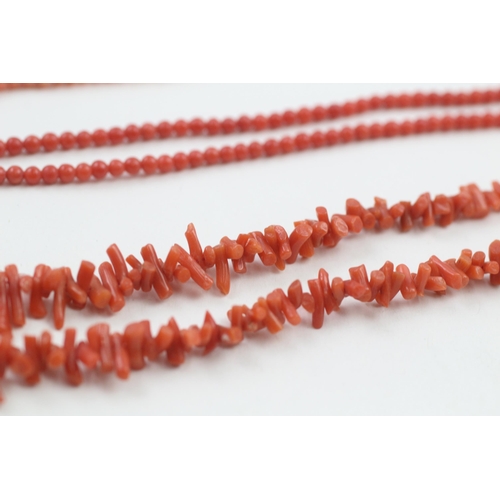 91 - 3 x 9ct gold clasp coral necklaces (29.2g)