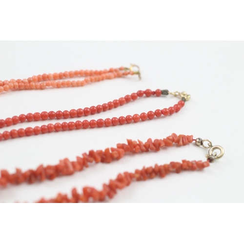 91 - 3 x 9ct gold clasp coral necklaces (29.2g)