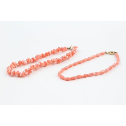 94 - 2 x 9ct gold clasp coral necklaces (10.9g)