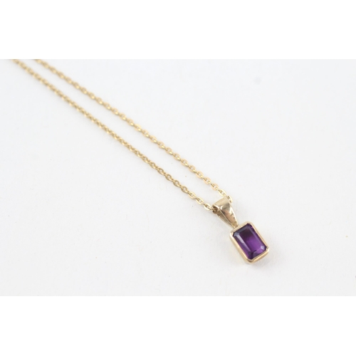 96 - 9ct gold emerald cut amethyst pendant necklace, bezel set (1.7g)