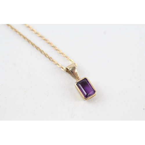 96 - 9ct gold emerald cut amethyst pendant necklace, bezel set (1.7g)