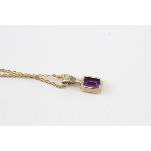 96 - 9ct gold emerald cut amethyst pendant necklace, bezel set (1.7g)