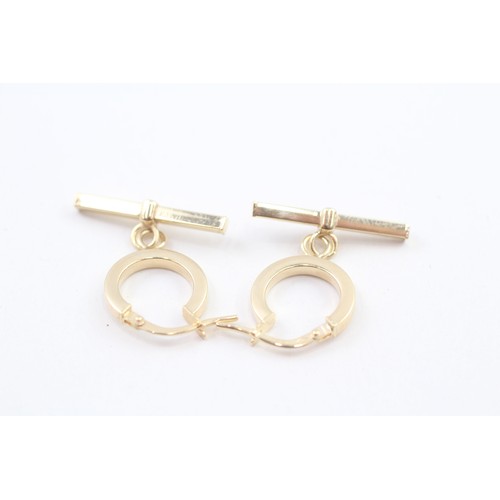 213 - 9ct gold round T-bar drop hoop earrings (1.7g)