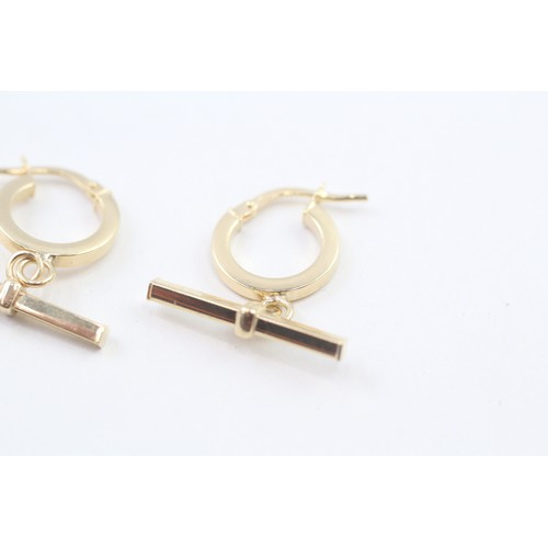 213 - 9ct gold round T-bar drop hoop earrings (1.7g)