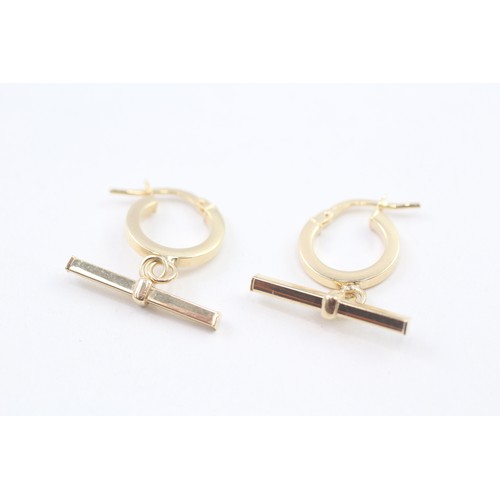 213 - 9ct gold round T-bar drop hoop earrings (1.7g)