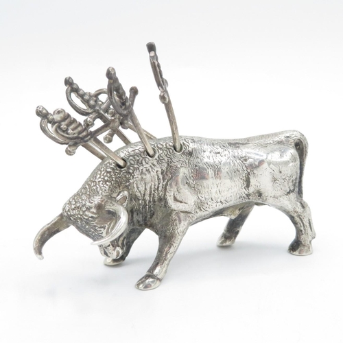 422 - Vintage .925 Sterling Silver Novelty Bull Form Cocktail Sticks Holder (108g)