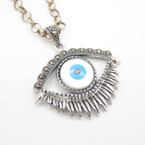 382 - HM silver evil eye pendant on 72cm long chain  13.9g