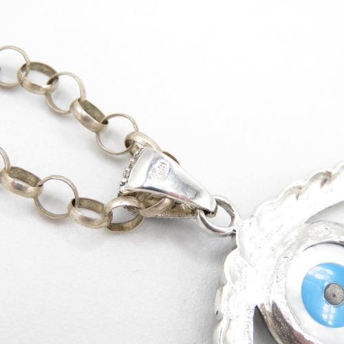 382 - HM silver evil eye pendant on 72cm long chain  13.9g