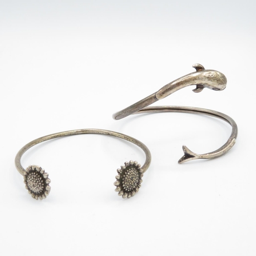 421 - 2x HM silver bangles adjustable - one with sunflowers and one with dolphin  20.5g