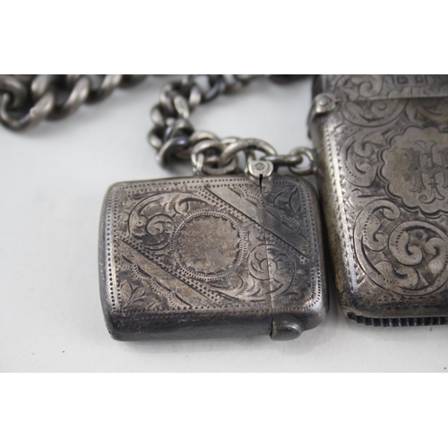 390 - 2 x Antique Edwardian .925 Sterling Silver Vesta Match Cases w Albert Chain 102g