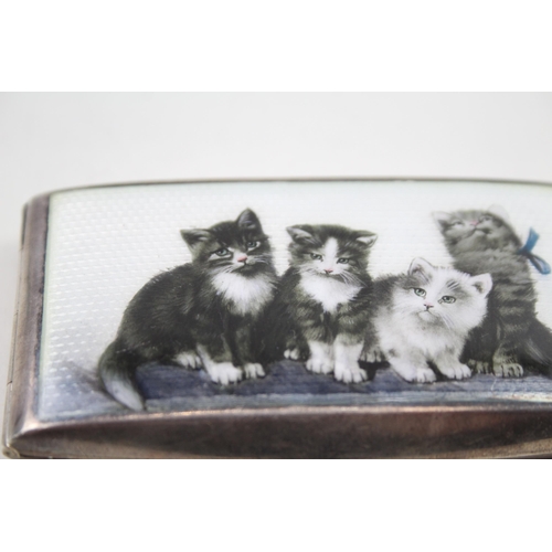 408 - Antique Stamped .900 Silver Cigarette Case w Guilloche Enamel Kitten Detail 96g