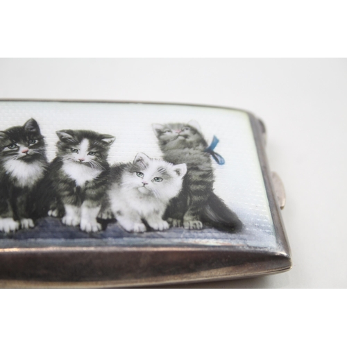 408 - Antique Stamped .900 Silver Cigarette Case w Guilloche Enamel Kitten Detail 96g