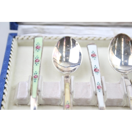 420 - 6 x Vintage .925 Sterling Silver London Import Gulloche Enamel Spoons (55g)