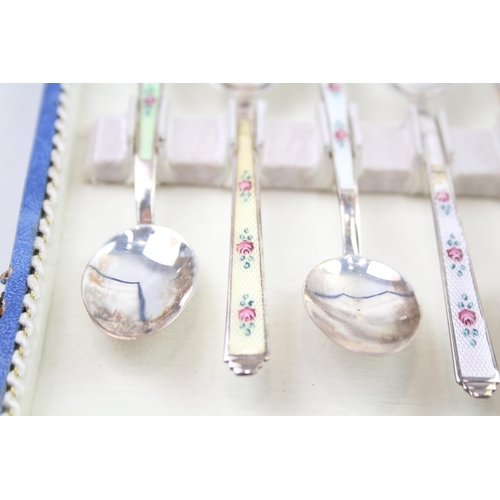 420 - 6 x Vintage .925 Sterling Silver London Import Gulloche Enamel Spoons (55g)