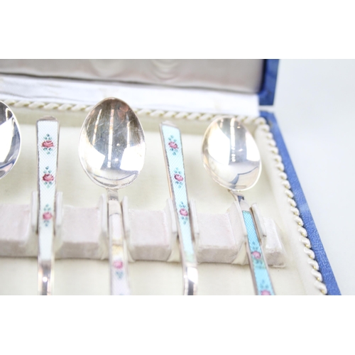 420 - 6 x Vintage .925 Sterling Silver London Import Gulloche Enamel Spoons (55g)