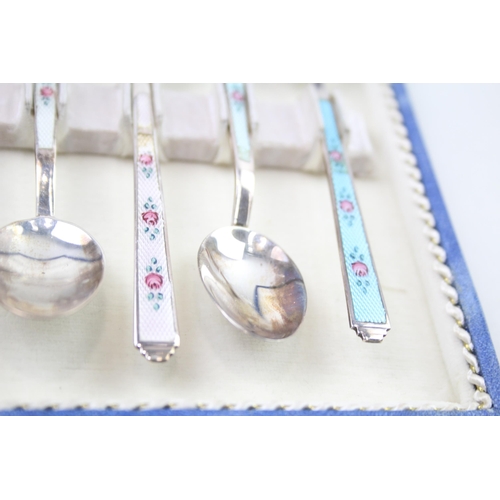 420 - 6 x Vintage .925 Sterling Silver London Import Gulloche Enamel Spoons (55g)