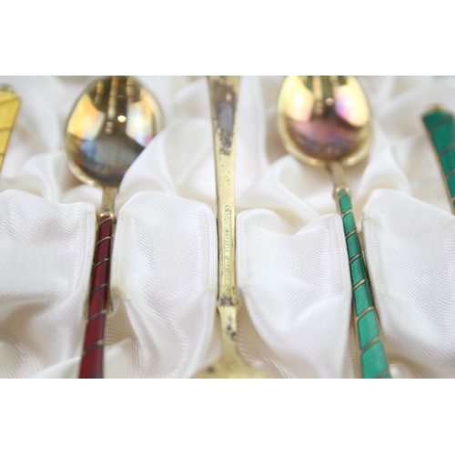 437 - 12 x Vintage ELA Danish .925 Sterling Silver Guilloche Enamel Teaspoons (88g)